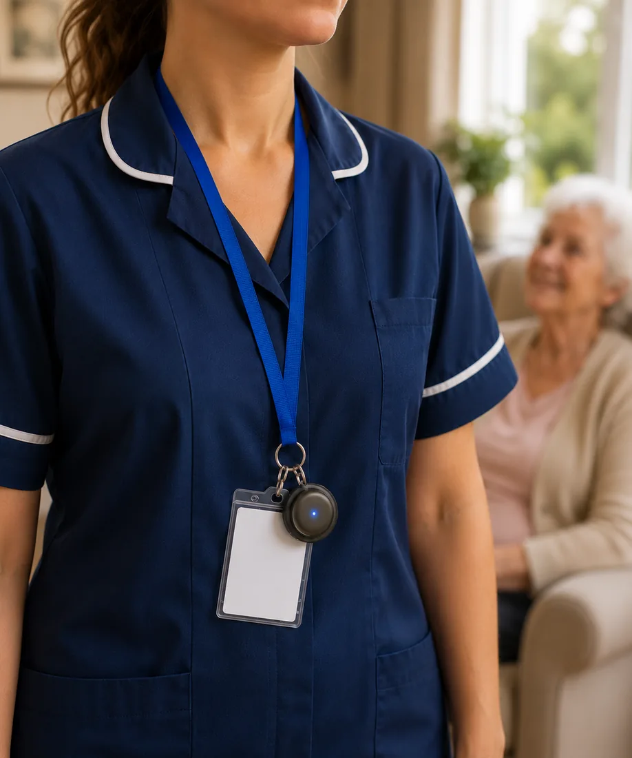 A home carer wearing a small pendant on a lanyard, its indicator light on, while an older woman sits comfortably in the background.