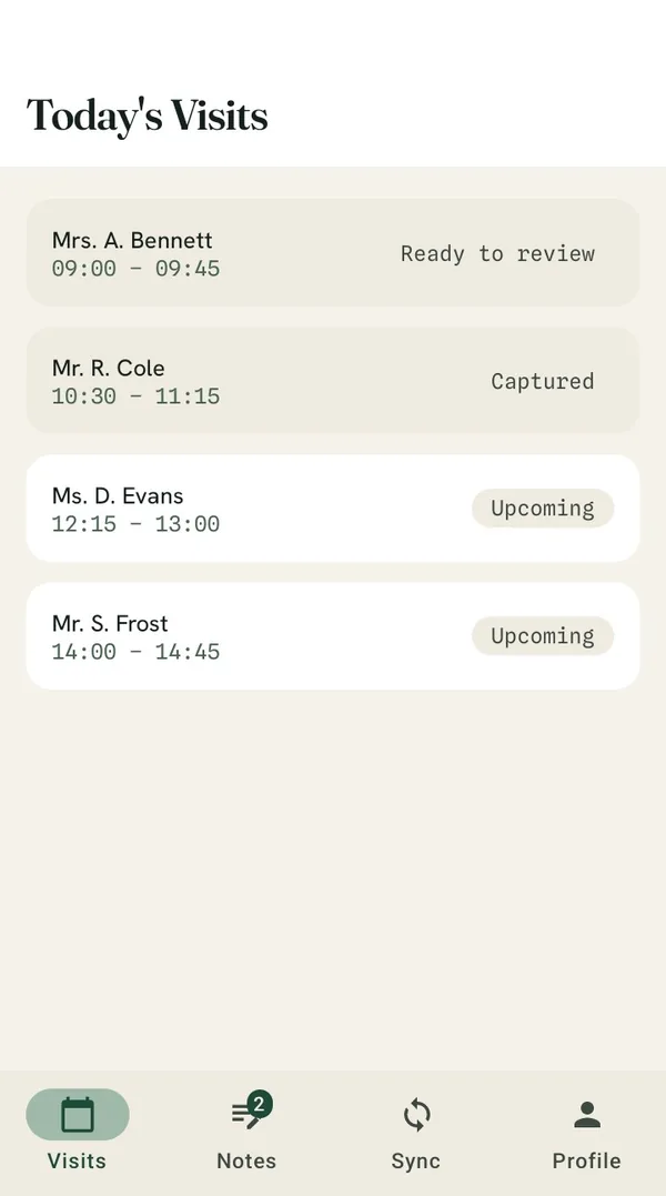 The Veritrend carer app showing today's scheduled visits with capture status